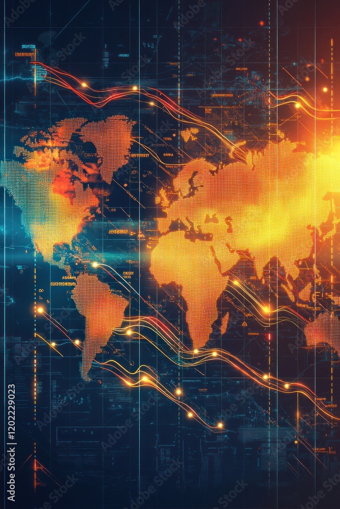 Poster global business and market data analysis with futuristic world map visualization