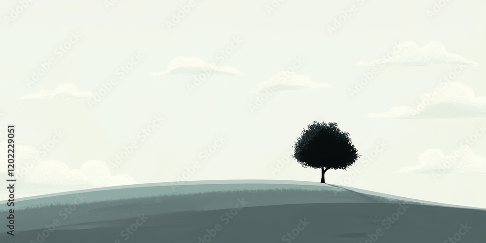 Poster a solitary tree stands on a gentle hill, surrounded by soft hills under a muted sky, creating a peac