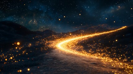 A light trail illuminating the dark night space with sparkling particles creating an ethereal glow