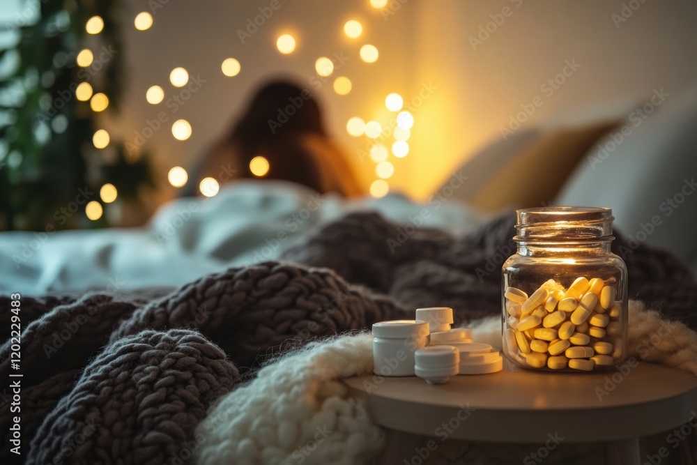 Poster cozy bedroom setting with a person resting and medicines nearby in a softly lit atmosphere. generati