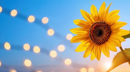 A vibrant sunflower in focus against a dreamy bokeh background of soft lights.