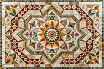 A stunning marble mosaic artwork depicting various geometric patterns and colors on a neutral-colored marble background, patterned flooring, mosaic, artwork