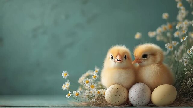 Fluffy chicks curiously inspecting eggs in spring setting with wildflowers