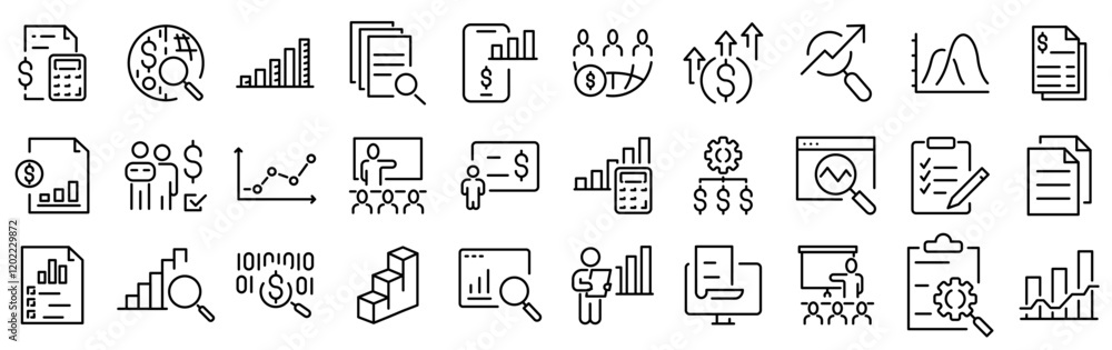 Poster set of 30 outline icons related to financial analytics, estimation. linear icon collection. editable