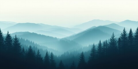 Obraz premium A serene view of layered mountains covered in mist, with tall pine trees creating a dark silhouette under the soft morning light
