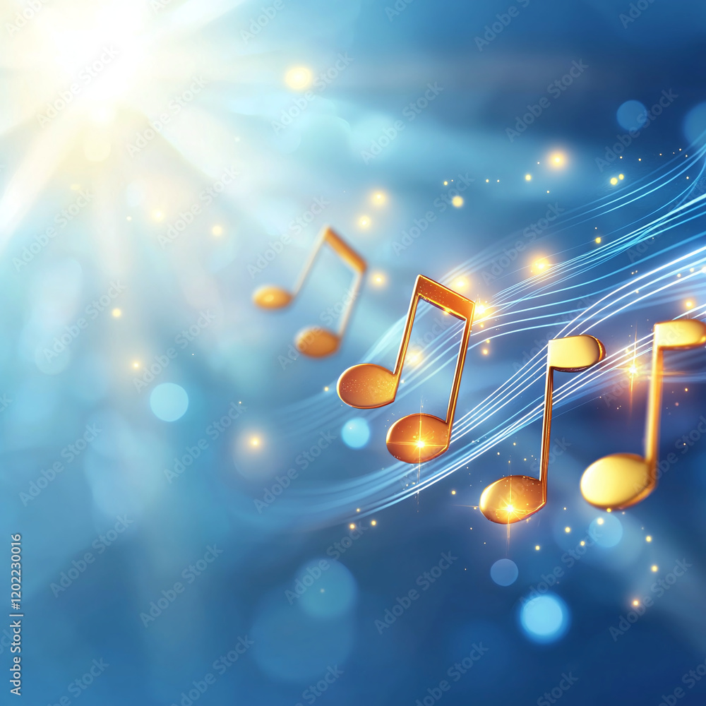 Poster golden music notes on blue background with rays of light create vibrant and uplifting atmosphere. sp