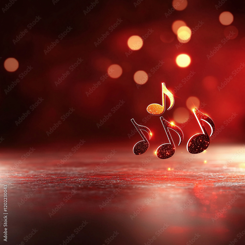 Poster glittering music notes on dark red background create vibrant atmosphere with bokeh lights, evoking s