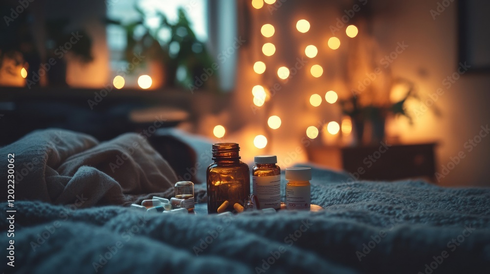 Aufkleber cozy bedroom setting with a person resting and medicines on the bed in warm evening light. generativ