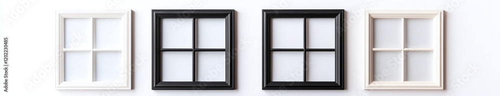 Poster white and black window frames arranged in row, showcasing different s and colors. clean lines and co