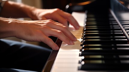 Obraz premium A close-up of a hand playing a piano, golden hour lighting, soft natural light,generative ai illustration