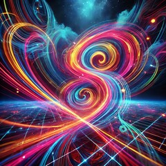 Bright neon light trails captured in long exposure, creating abstract swirling patterns of vivid colors against a dark background.