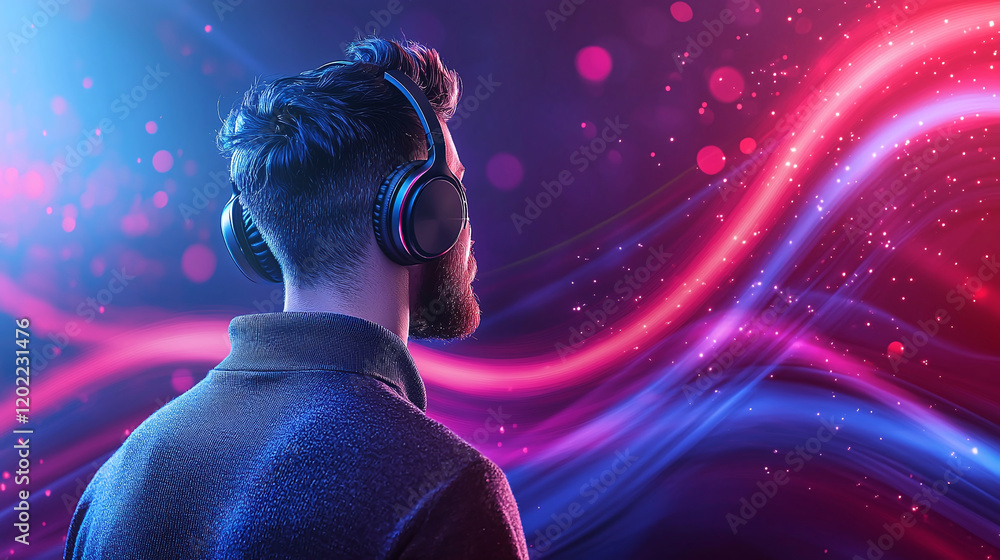 Poster man with headphones stands against vibrant abstract background filled with colorful waves and lights