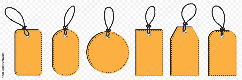 Poster four red hanging wobbly sale tags with strings isolated on transparent background. set of sale tags 