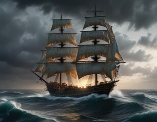 Fototapeta premium A sturdy tall ship rides the swells of a rolling sea with a dark and turbulent sky above, nautical, sailorless