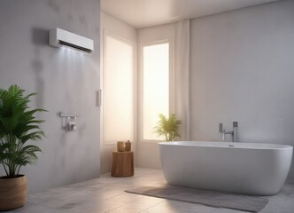 A stylish air conditioner in a luxurious bathroom emitting cool mist and fresh air, ambient lighting , modern fixtures