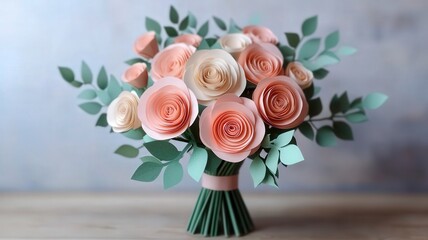 Valentine's Day and DIY gifts concept. A beautiful bouquet of pastel-colored paper flowers with green leaves arranged elegantly.