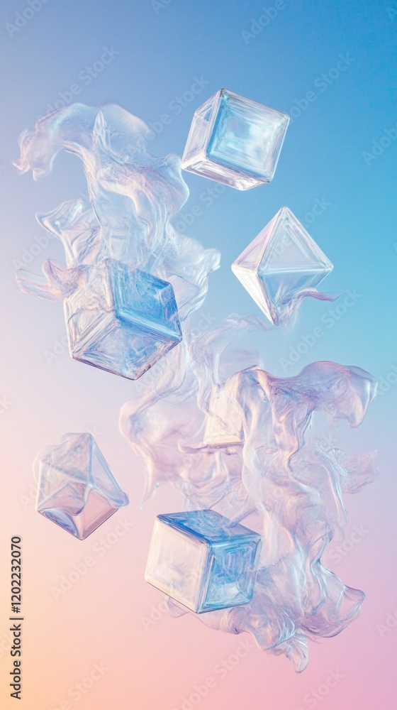 Poster ice cubes and abstract shapes floating on pastel background