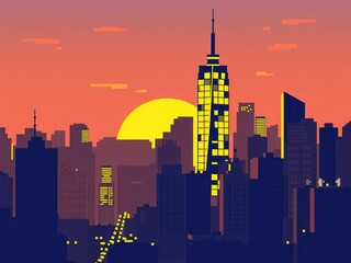 Obraz premium A stylized image of a city at sunset with pixelated yellow squares forming the skyscrapers, giving it a nostalgic feel, geometric shapes, architectural design, urban landscape