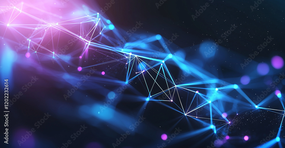 Poster futuristic abstract background with glowing blue and purple lines, creating dynamic network effect. 