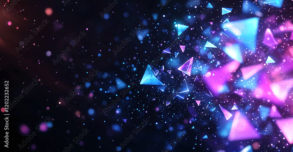 Poster futuristic abstract background with glowing blue and purple triangles, creating dynamic and vibrant 