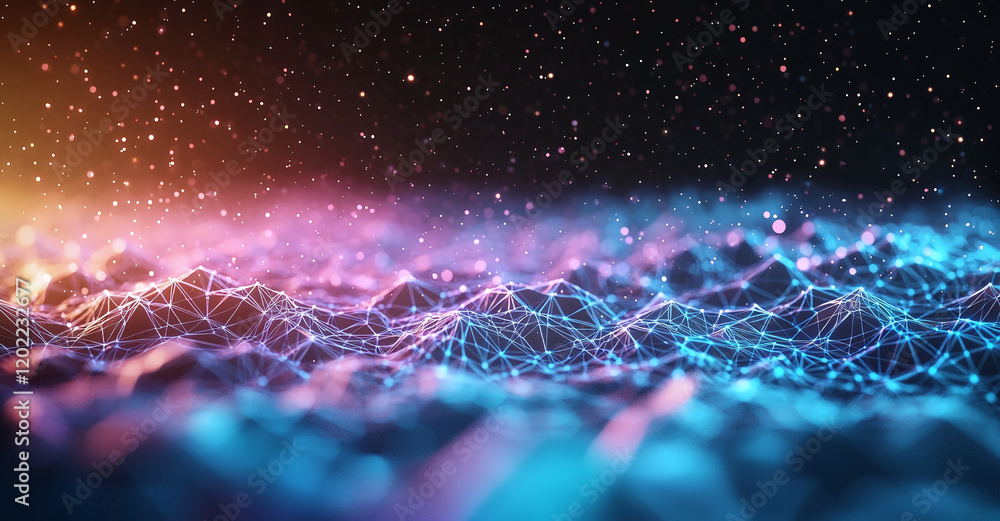 Poster futuristic abstract background with glowing blue and purple waves, creating mesmerizing visual effec