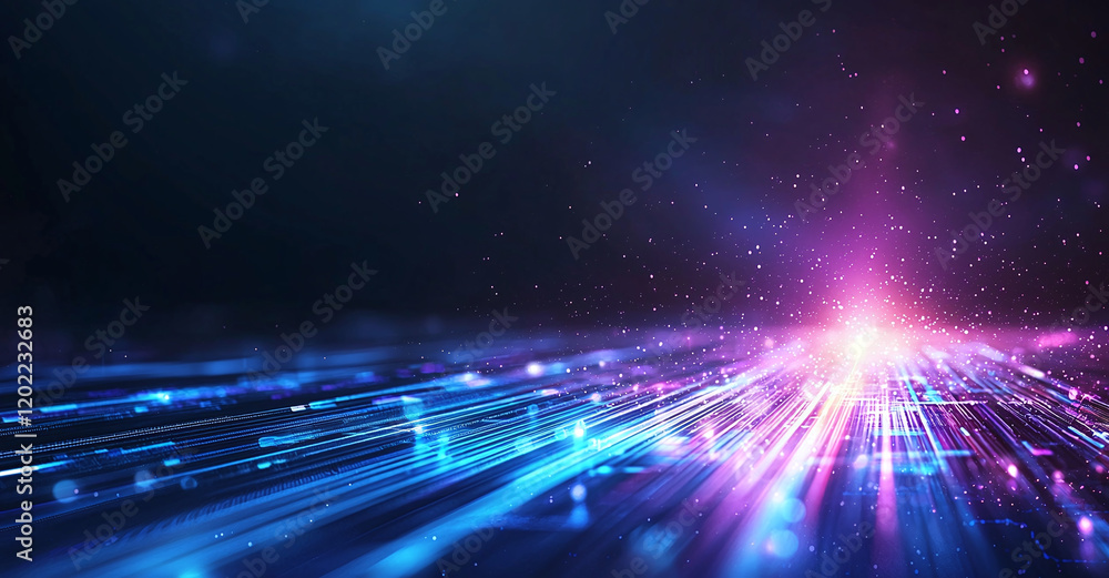 Poster futuristic abstract background with glowing blue and purple lights, creating sense of depth and moti