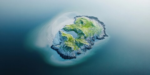 Fototapeta premium A small, lush green island rises from tranquil waters, revealing rocky shores and diverse vegetation under clear blue skies in broad daylight