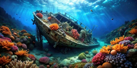 A sunken ship in the ocean floor with coral and anemones growing on it, underwater exploration, underwater ruins, ocean wreckage, sunken ship, ocean ecosystems