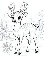 Cute reindeer with antlers standing in snowy landscape, surrounded by snowflakes and Christmas tree. Perfect for kids coloring activities and holiday fun