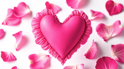 Pink Heart with Ruffles Surrounded by Rose Petals on White Background: Romantic Love, Valentine's Day, Wedding, and Anniversary Concept.