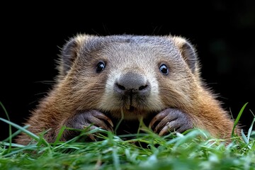 Fototapeta premium A young woodchuck sits in the grass