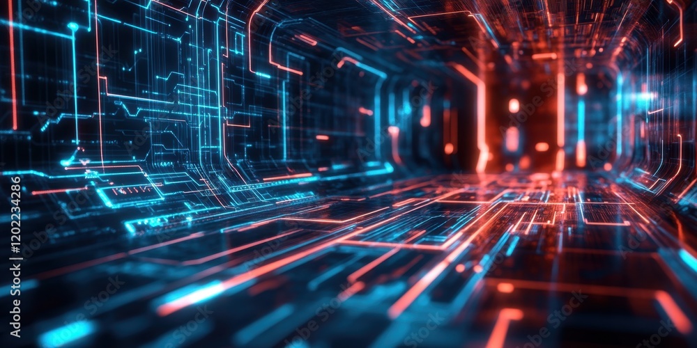 Poster colorful circuitry creates a dynamic atmosphere in a futuristic corridor, blending technology and de