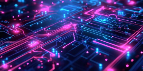 Obraz premium Intricate circuitry design showcases a network of vivid neon lights in shades of blue and pink, highlighting the complexity of modern technology