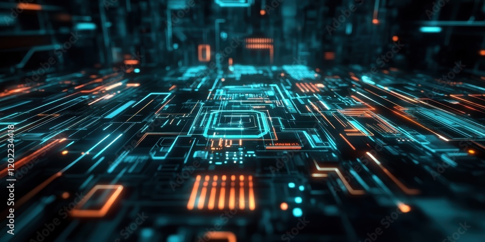 Poster intricate network of glowing circuits and abstract patterns creates a vibrant digital landscape, sho