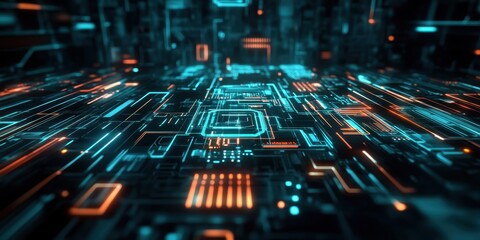 Intricate network of glowing circuits and abstract patterns creates a vibrant digital landscape, showcasing advanced technology in a futuristic environment