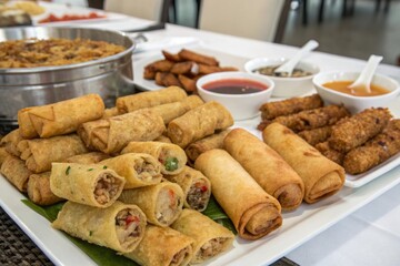 A table overflowing with crispy multiple fried spring rolls of various sizes textures and colors, party snacks, food festival, fried spring rolls, street food