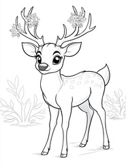 Cute deer cartoon character with snowflakes on its antlers, surrounded by plants, exuding playful and cheerful vibe. Perfect for children illustrations and festive themes