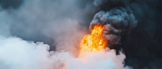 Massive fire, smoke plume, aerial view, disaster