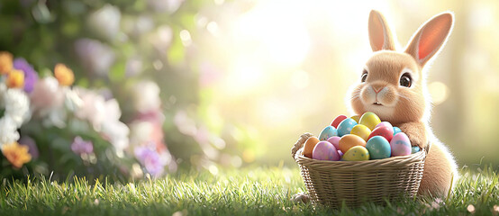 Cute Easter bunny with basket full of colorful eggs in sunny garden. joyful atmosphere and vibrant colors create delightful spring scene