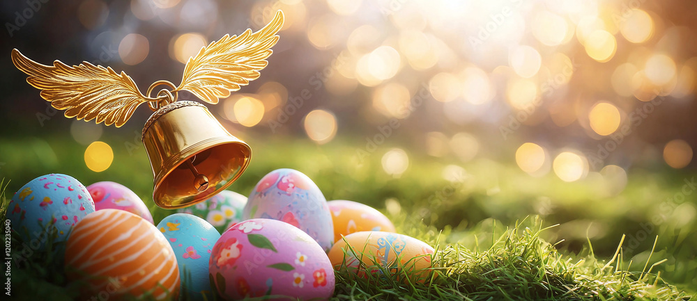Poster golden bell with wings flying over colorful easter eggs on grass, creating festive and joyful atmosp