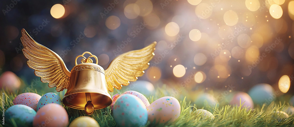 Poster golden bell with wings sits among colorful easter eggs on grassy surface, creating festive and magic