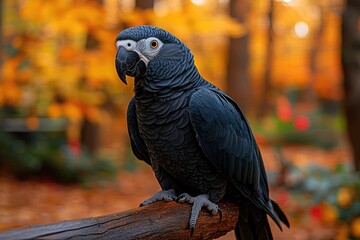 Obraz premium Black Macaw Perched on a Branch in Autumn