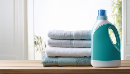 washing gel liquid laundry detergent and cloth softener pile of towels on a timber table towards a light white heritage with replica area