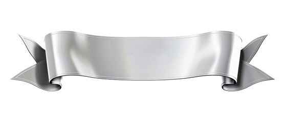 A sleek silver banner ribbon, isolated on a white background, featuring smooth curve a reflective