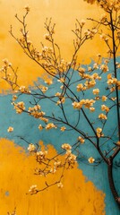 Yellow blossoms against a textured wall.