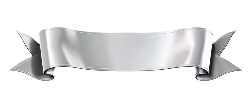 A sleek silver banner ribbon, isolated on a white background, featuring smooth curve a reflective