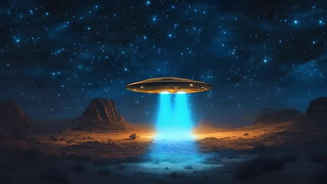 UFO landing on alien planet, illuminating rays, starry night, mysterious atmosphere