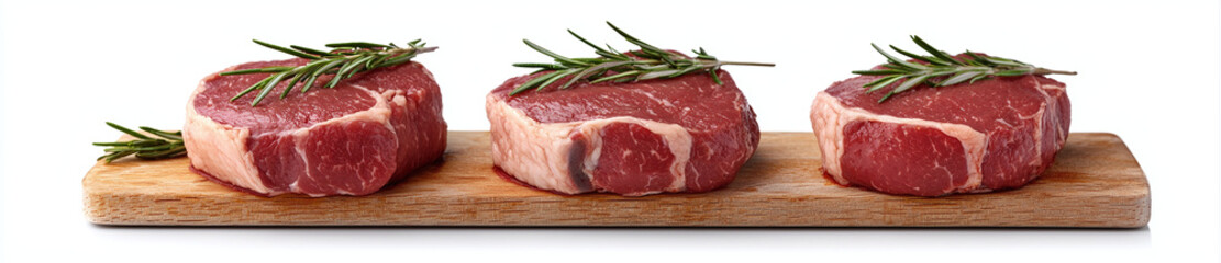 Fresh meat steaks with rosemary on wooden board, perfect for grilling or cooking. vibrant colors and textures evoke sense of culinary delight and freshness