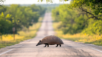 Armadillo Crossing a Country Road
