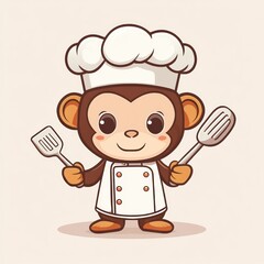 Chef monkey cooking, kitchen tools, cute cartoon